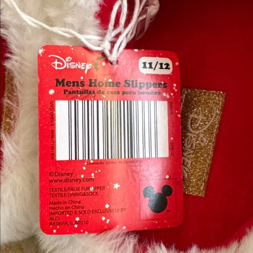 Disney Mickey Mouse Plush Holiday Mens Red & Black Faux Fur XMas House Slippers